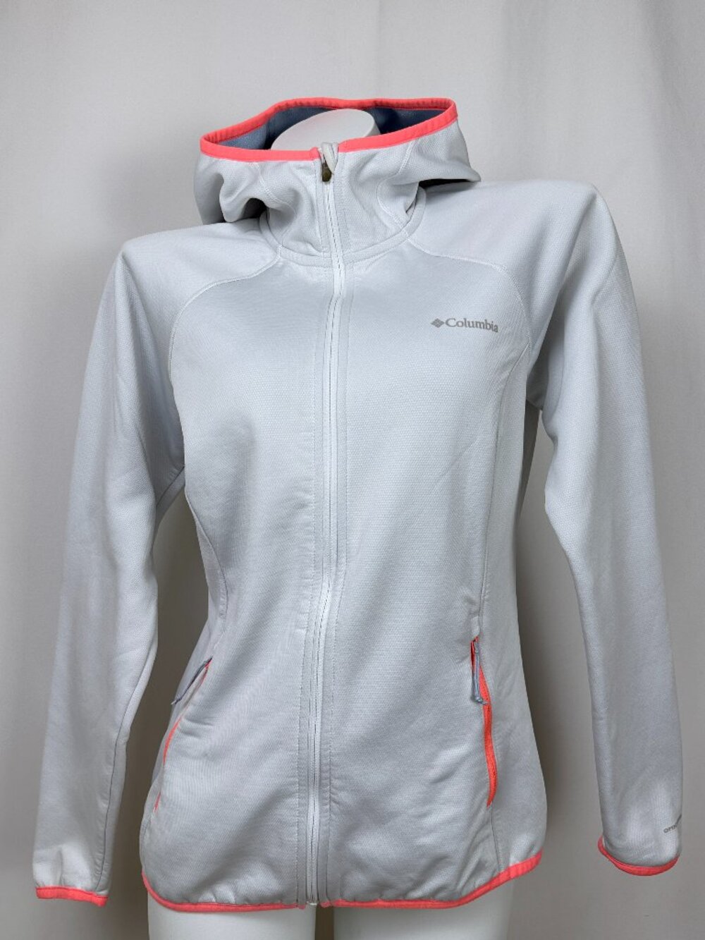 Columbia Womens M Full Zip Fleece Hoodie Jacket Light Blue Coral Trim Outdoor